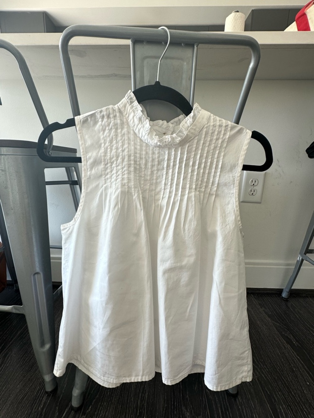 J. Crew White Sleeveless Pintuck Ruffle Neck Blouse